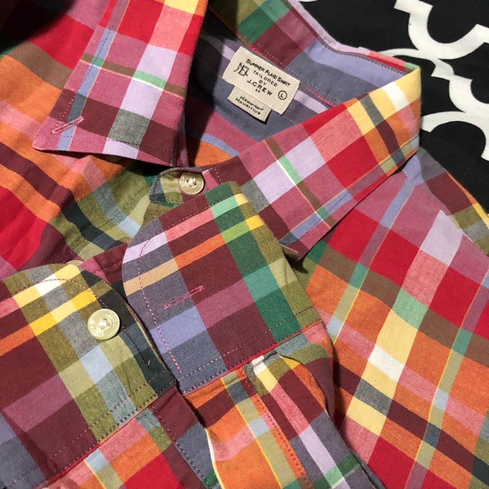 J. Crew Mens Summer Plaid Button Up Shirt Sz Large Long Sleeve Colorful Red